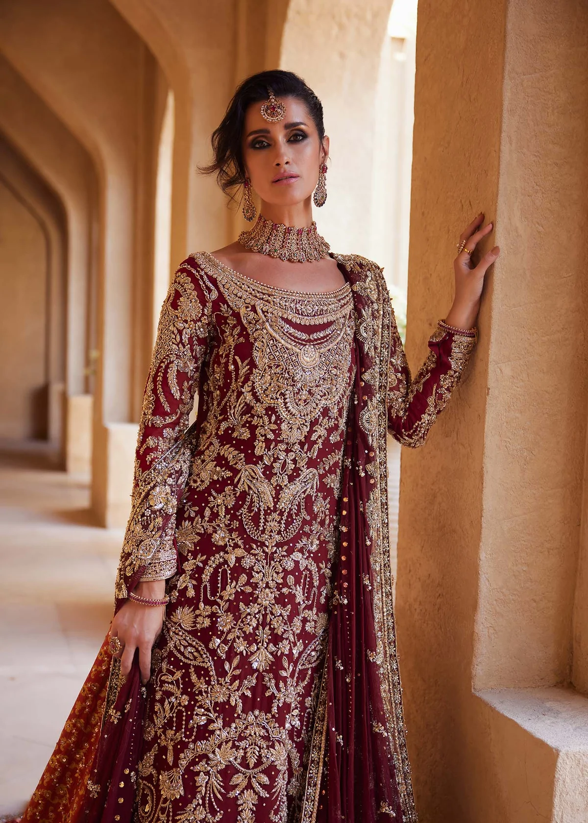 Burgundy embroidered salwar detail