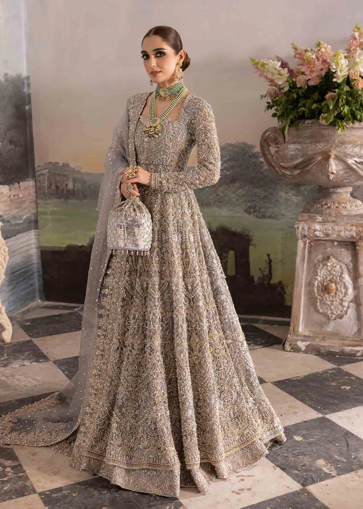 Silver embroidered formal detail