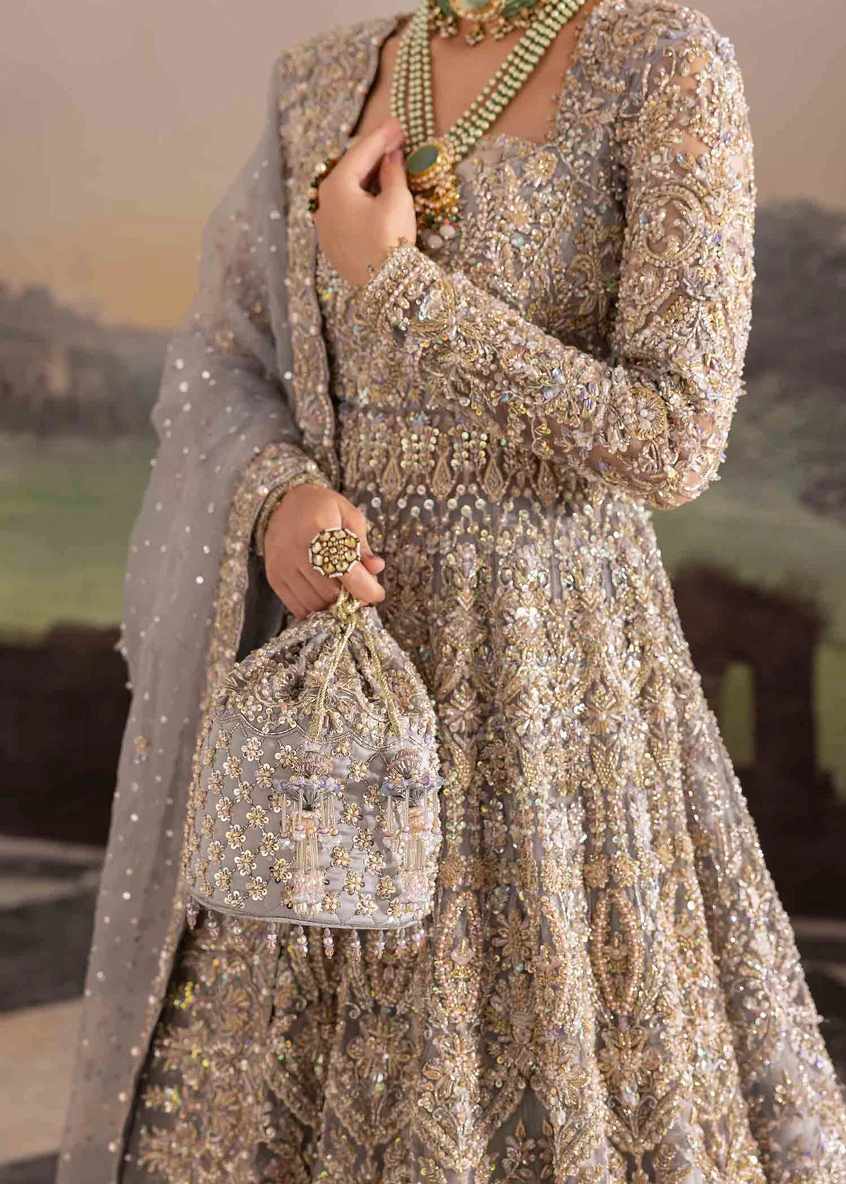 Silver formal embroidery detail